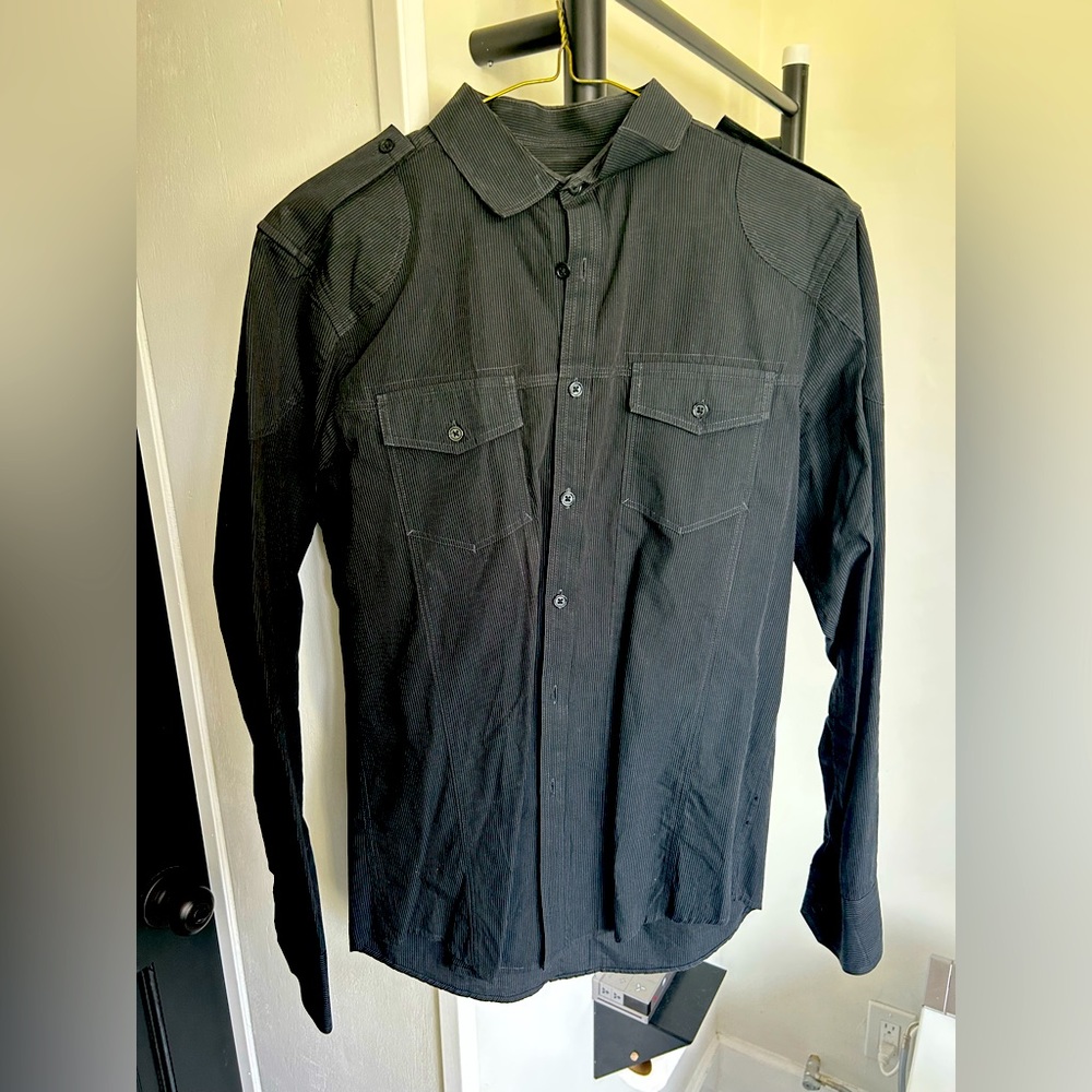 International Concepts M military inspired charcoal pin stripe collared shirt